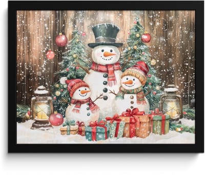 Poster in lijst - Fotolijst 40x30 cm - Posters - Sneeuwpop - Familie - Kleurrijk - Posterlijst zwart - Decoratie - Wanddecoratie woonkamer - Muurdecoratie slaapkamer