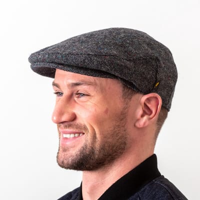 Hatman of Ireland platte pet Traditional 100% Donegal Tweed blauw/grijs salt & pepper maat Large, 59cm