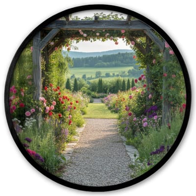 Poster in lijst Rond - Fotolijst 40x40 cm - Posters - Doorkijk - Landschap - Natuur - Tuinboog - Bloemen - Ronde posterlijst zwart - Decoratie - Wanddecoratie woonkamer - Muurdecoratie slaapkamer