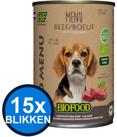 15x Biofood - Organic Hond Rund Menu Blik - Hondenvoer Natvoer - 400 g
