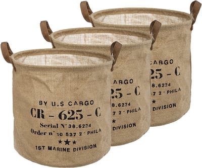 Atmosphera Opbergmand Vintage - 3x - rond - jute - naturel - D30 cm - opvouwbaar - decoratie mand