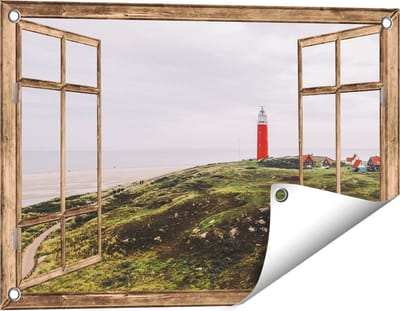 Gards Tuinposter Doorkijk Vuurtoren Texel - 60x40 cm - Tuindoek - Tuindecoratie - Wanddecoratie buiten - Tuinschilderij