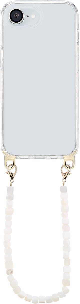 Selencia Transparant Hoesje met Haakjes inclusief Natuurstenen Polskoord - Geschikt voor Apple iPhone 17e / 16e - Pearl White