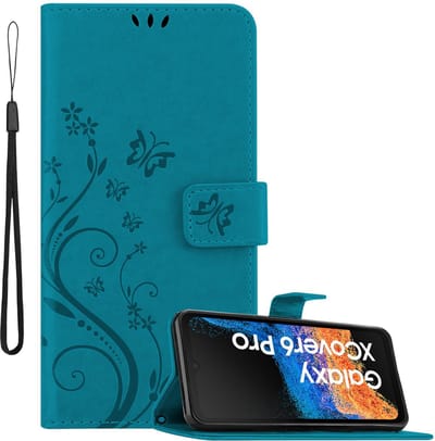 Cadorabo Hoesje geschikt voor Samsung Xcover 6 Pro in BLOEMEN BLAUW - Beschermhoes in bloemmotief met magnetische sluiting, standfunctie en kaartsleuven Book Case Cover Etui