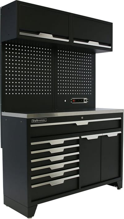 Kraftmeister werkplaatsinrichting - Werkbank met 2 wandkasten en RVS werkblad - Werktafel met 7 laden, 1 opbergkast en gereedschapswand - Complete set voor werkplaats of garage - Zwart