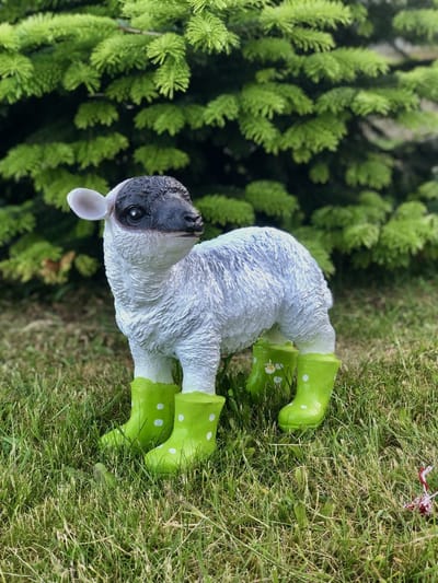 Lammetje wit met zwarte kop groene laarzen 32 cm hoog - polyester - polyresin - polystone - hoogkwalitatieve kunststof - decoratiefiguur - interieur - accessoire - voor binnen - voor buiten - cadeau - geschenk - tuinfiguur - tuinbeeld