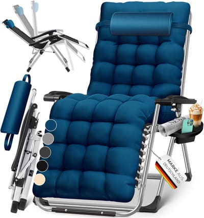KESSER® Ligstoel Opvouwbaar Met Drinkhouder Tuinstoel Met Kussen, Ligbed, Extra Grote Tuinligstoel, Verstelbare Rugleuning Tuinligstoel Met Kussensteun - Marineblauw