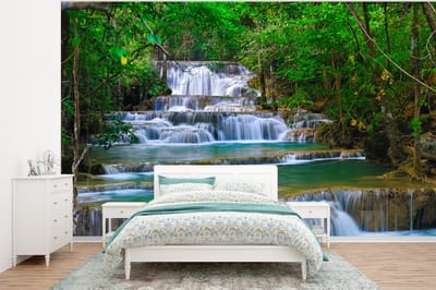 Behang - Fotobehang Waterval - Bomen - Natuur - Water - Jungle - Breedte 400 cm x hoogte 300 cm
