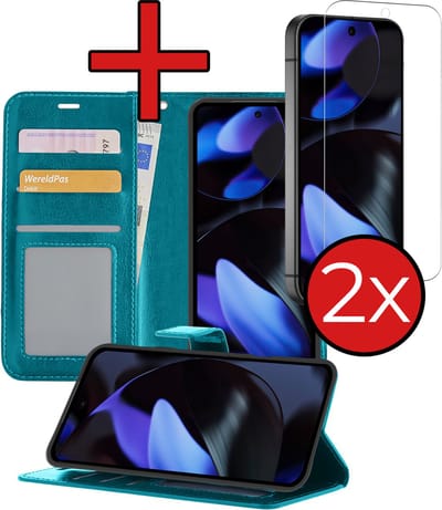 Hoesje - Met 2x Screenprotector - Geschikt voor Google Pixel 10 - Luxe Pasjeshouder - Flip Case - Bookcase Portemonee - Kunstleer Book Case - Flipcase Hoes - Book Cover - Walletcase - Portemonneehoes - Telefoonhoes - Turquoise