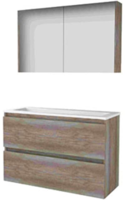 Basic-Line Comfort 39 Badkamermeubelset - Ondiep - 100 x 39 cm - Greeploos - 2 Lades - Acryl Wastafel - 1 Kraangat - Spiegelkast - Scotch Oak