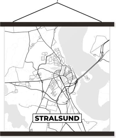 Posterhanger incl. Poster 60x60 cm - Schoolplaat - Stralsund - Stadskaart - Plattegrond - Kaart - Textielposter - Zwarte latten - Stadskaart