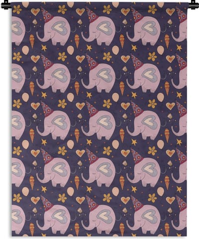 Wandkleed - Wanddoek - Verjaardag - Olifant - Bloemen - Patronen - 150x200 cm - Wandtapijt