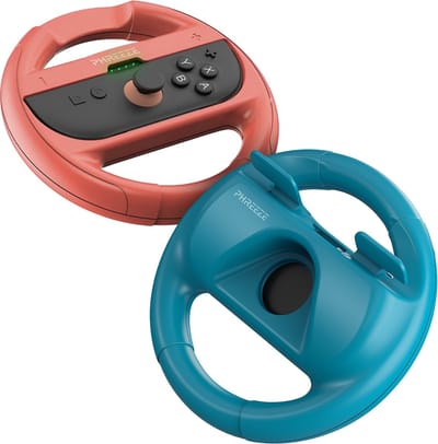 Phreeze race stuur set geschikt voor Nintendo Switch 2 Joy Con controller stuur - stuurwiel - racing wheel - houder - switch accessoires - met ingebouwde triggers - rood en blauw