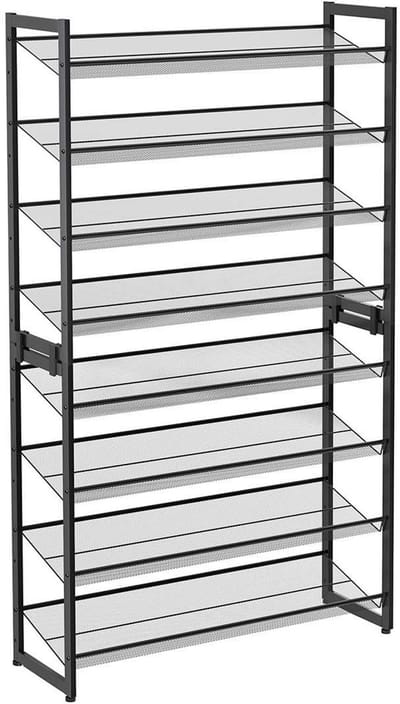 Schoenenrek, opbergrek 2-delig, met 4 verstelbare netplanken, stapelbaar ontwerp voor ruimtebesparing, stevige en duurzame metalen constructie, kan vlak of schuin worden geplaatst, 92,5 x 30,7 x 163,5 cm, zwart.
