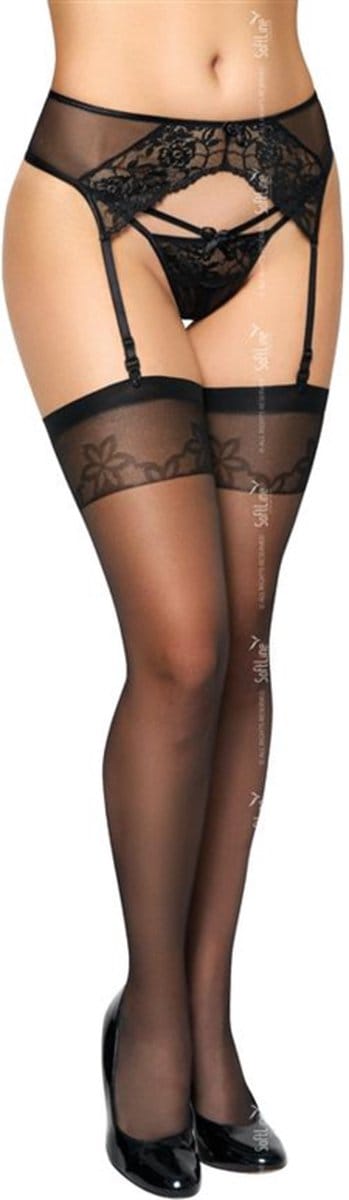 Softline Collection - jarretelkousen- zwart- kousen met bloemmotief XL