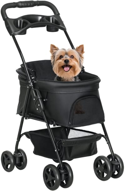Novendo Goods – Opvouwbare hondenwagen met opbergmand - Comfortabel & veilig huisdiervervoer - Lichtgewicht pet stroller voor kleine honden – Zwarte dierenbuggy voor buiten