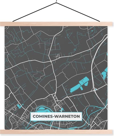 Posterhanger incl. Poster 40x40 cm - Schoolplaat - Stadskaart – Grijs - Kaart – Comines Warneton – België – Plattegrond - Textielposter - Blanke latten - Stadskaart