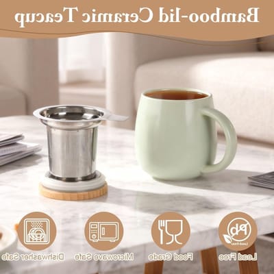 Koffiemok met Filter en Deksel, 480 ml, Porseleinen Theekop met Zeef, Geschikt voor Koffie en Thee, Vaatwasserbestendig, Ideaal voor Theeliefhebbers en Koffie Drinkers