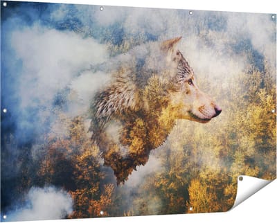 Gards Tuinposter Wolvenkop op een Herfstbos - Wolf - Abstract - 150x100 cm - Tuindoek - Tuindecoratie - Wanddecoratie buiten - Tuinschilderij