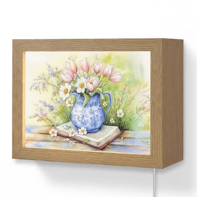 Wandlamp 20x15 cm - Oplaadbaar - Vaas - Delftsblauw - Madeliefjes - Wandlampen binnen woonkamer - Slaapkamer lamp met kabel - Decoratieve nachtlamp - Vloerlamp snoer