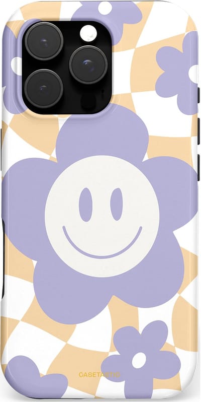 Casetastic hoesje geschikt voor Apple iPhone 16 Pro - MagSafe - Dubbellaagse bescherming - Madeliefjes magie - Fashion Case - Lila Wit Zand Lichtgrijs