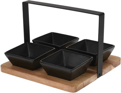 Excellent Houseware serveerplank met 4 schaaltjes - hout - aardewerk - 22 cm