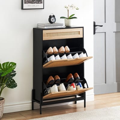 Schoenenkast – Schoenenrek – Schoenenopberger – Halmeubel – Schoenenbank – Natuurlijk Rattan – Opbergruimte voor 12 Paar Schoenen – Anti-Kantel Metalen Frame