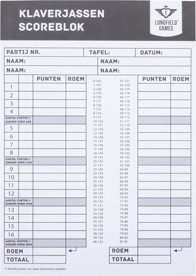 Klaverjas Scoreblok – 50 Vellen – Scoreformulier voor Klaverjassen – Kaartspel Scoreblok