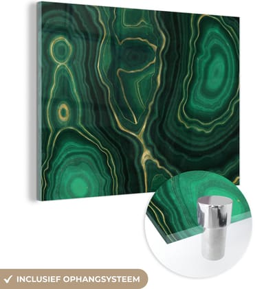 MuchoWow® Glasschilderij 120x90 cm - Schilderij acrylglas - Gold - Groen - Agaat steen - Geode - Marmer - Foto op glas - Schilderijen