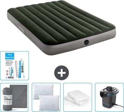 Intex Luchtbed - Twijfelaar - 137 x 191 x 25 cm - Groen - Inclusief Hoeslaken - Kussen - Pomp - Reparatieset en Kussenbeschermer