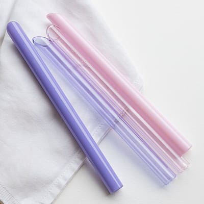 4 Herbruikbare Dikke Glazen Boba Bubble Tea Rietjes. Roze, Paars masief en transparant glas drinkrietjes, voor Smoothie - Milkshake - Slush - Kaak Operatie - Dikke Rietjes, 21 cm lang Ø 16 mm.
