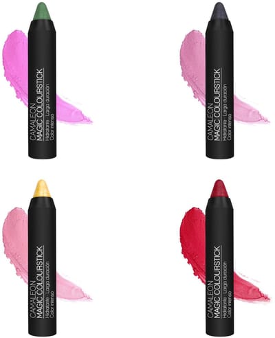 Camaleon Cosmetics - Magic Colourstick - Verkleurende Magic Lipstick - Groen/Rood/Geel/Grijs: verkleurend naar roze en rood tinten - Met aloë vera, rozenbottel en cacaoboter - Set met 4 stuks
