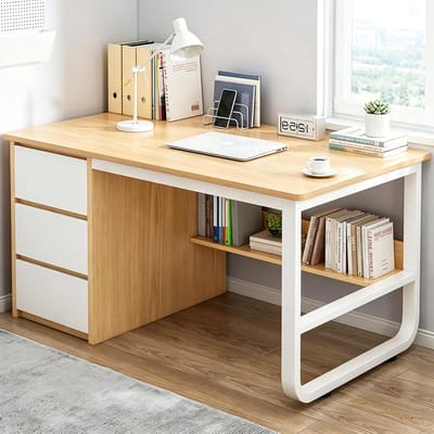 Bureau Met Lades - Werktafel Opbergruimte - Thuiswerken Studeren - Stabiel Stalen Frame - 100x50cm - Natuurlijk Hout Wit