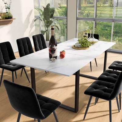 Uittrekbare Eettafel - Eettafel Verlengbaar - Ruimte Besparen - Marmerlook Tafelblad - 140 x 80 x 75 cm - Wit