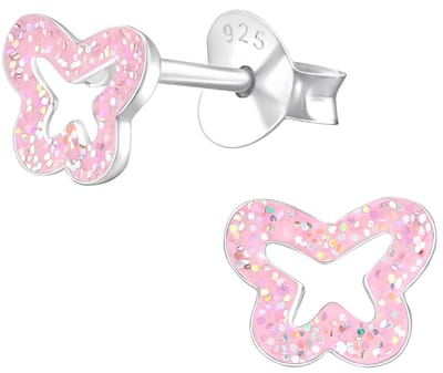 Joy|S - Zilveren vlinder oorbellen - 7 x 5 mm - roze glitter - oorknoppen voor kinderen