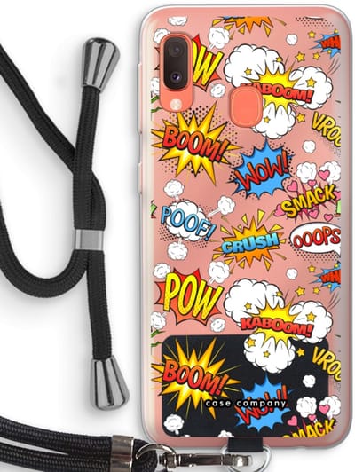 Case Company® - Hoesje met koord geschikt voor Samsung Galaxy A20e hoesje met Koord - Pow Smack - Telefoonhoesje met Zwart Koord - Bescherming aan alle Kanten en Over de Schermrand