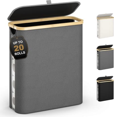 42L Toiletpapier opbergmand met deksel en kijkvenster - waterdichte bamboe loo roll organizer - opvouwbare badkameropslag voor kledingkast en kinderkamer - ruimtebesparend opvouwbaar ontwerp