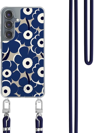 Hoesje met koord geschikt voor Samsung Galaxy S25 - Abstract bloom - Inclusief Donkerblauw koord - Crossbody beschermhoes - Transparant, Blauw - Mooie Telefoonhoesjes