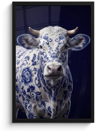 Poster in lijst - Fotolijst 40x60 cm - Posters - Koe - Delfts - Blauw - Artistiek - Posterlijst zwart - Decoratie - Wanddecoratie woonkamer - Muurdecoratie slaapkamer