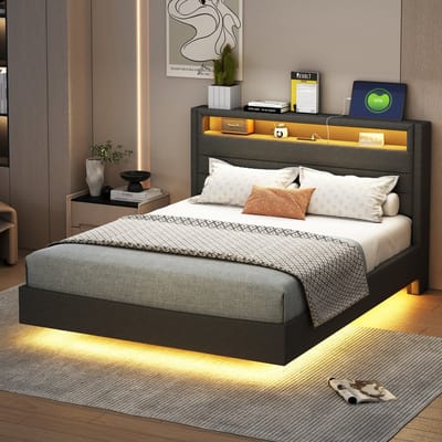 VVBV Gestoffeerd Bed 140x200 cm - USB & Stopcontact, LED-Verlichting en Hoofdbord, Voor Kinderen/Tieners - Linnen Grijs
