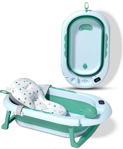 Babybadje 3 in 1 opvouwbaar - Inclusief badkussen - Thermometer ingebouwd - model 2023 - Mint groen