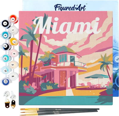 Figured'Art Mini Schilderen op Nummer Volwassenen 20x20cm met lijst Reisposter Miami - Klein Formaat Creatieve Hobby Kit DIY Art Nummer Compleet