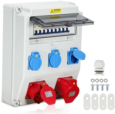 Krachtstroom Stroomverdeler 400V - 16A met 3x 230V geaarde Stopcontacten voor Bouwplaatsen