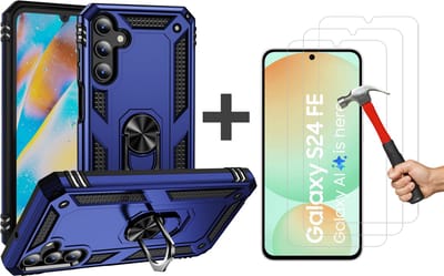 Hoesje Geschikt voor Samsung Galaxy S24 FE hoesje - Hybrid Armor Anti-Shock hoes - Arara Ringhouder TPU backcover met 3 Stuks gehard glas Screenprotectors - Blauw