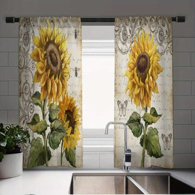 Vintage Zonnebloem Print Gordijnset Elegant Raamgordijn 2 Cafépanelen - Polyester Jacquard Weefsel Artistieke Boerderijkeuken 100W130H(CM)40x51in&rod pocket