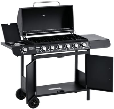 Zwarte metalen mobiele gasgrill met zeven branders 135 bij 50 bij 100 cm Voor tuin buiten
