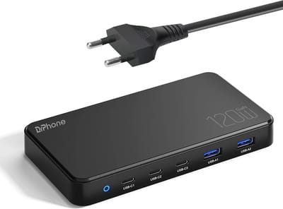 DrPhone ChargeMaster Pro - Gan 120W 5 Poorts Laadstation - 5-in-1 Multiport Laadstation – 3x USB-C Poort – 2x USB Poort – Geschikt Voor Telefoon/Tablet/Laptop - Zwart