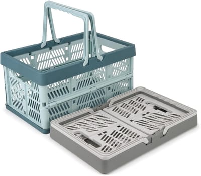 KZQ Opvouwbare Opbergmanden - Set van 2, Stevig en Duurzaam, met Handvatten - Geschikt voor Thuis, Boodschappen, Picknicks - 42,5 x 33 x 24 cm - Grijs en Blauw