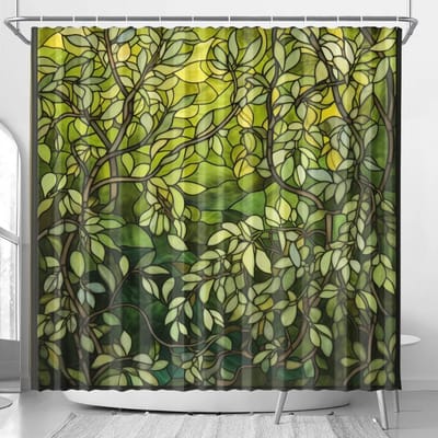 Floraweg Douchegordijn,Shower Curtain,badgordijn,badkamergordijn,Doorschijnende groene bladeren,-topkwaliteit - digitale printen -Anti Schimmel - Inclusief 12 ringen -met 12 stuks douchegordijnhaken – Waterdicht -Wasbaar- Polyester - 180x200 cm