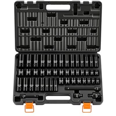 VEVOR Slagdopsleutelset, 3/8" aandrijving, 48-delig, Inbussleutels, SAE 5/16-3/4" & Metrisch 8-19 mm, 21-22 mm, Chroom-Vanadium Gelegeerd Staal, Verlengstuk, Adapter & Koffer